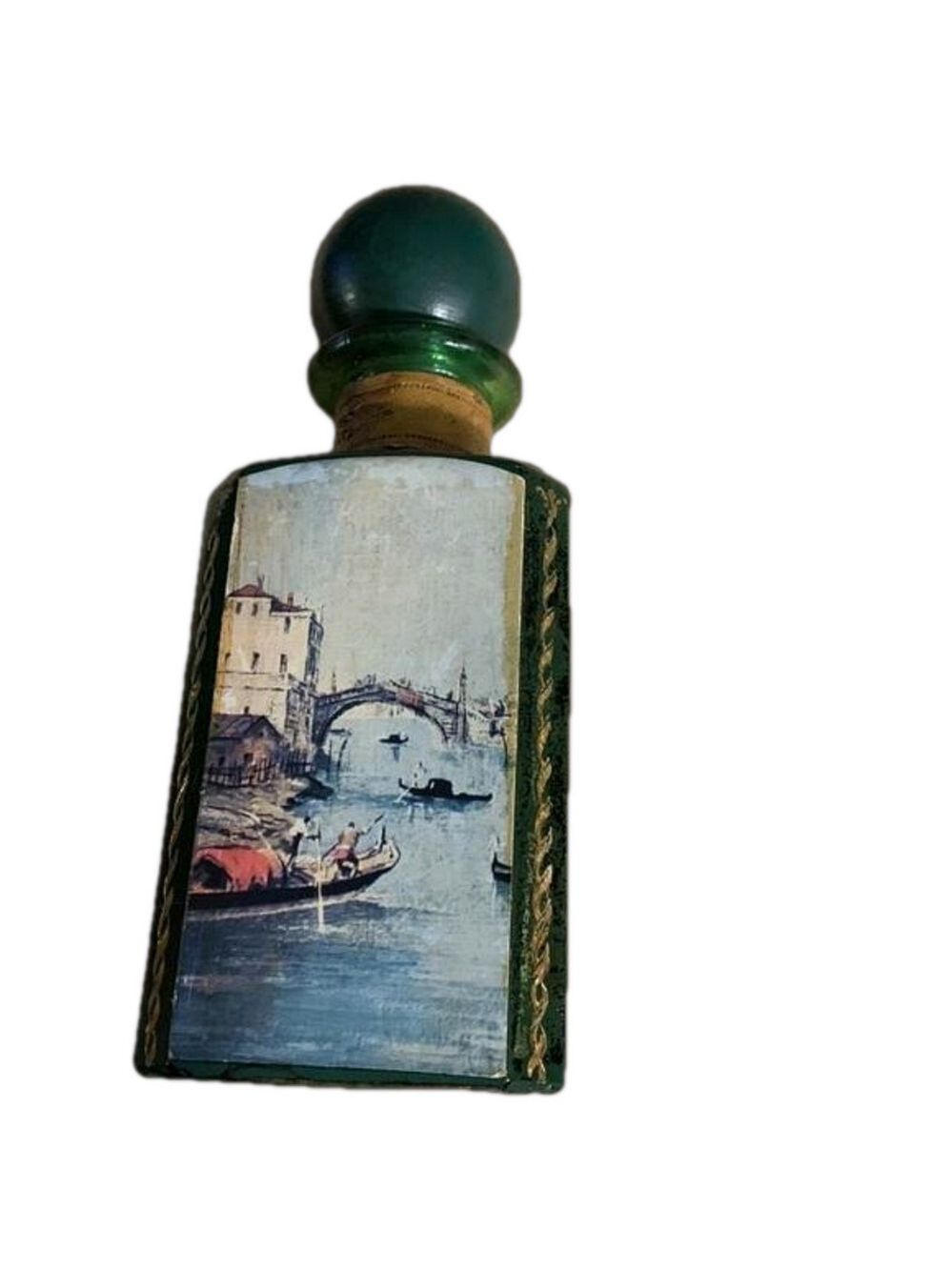 Old Italian liquor bottle round wood stopper scenes of venice leather